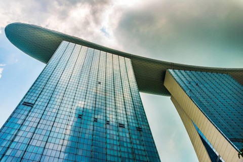 Futuristic outer facade of luxury Marina Bay Sands Hotel