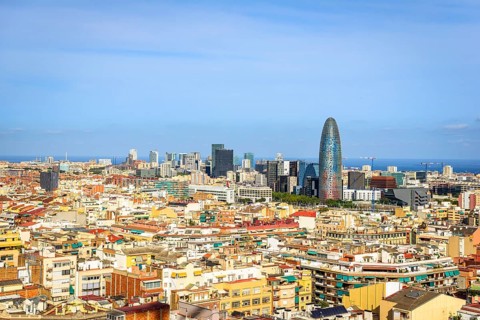 City view with houses and Torre Agbar by architect Jean Nouvel