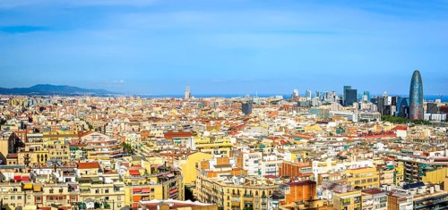 City view with houses and Torre Agbar by architect Jean Nouvel