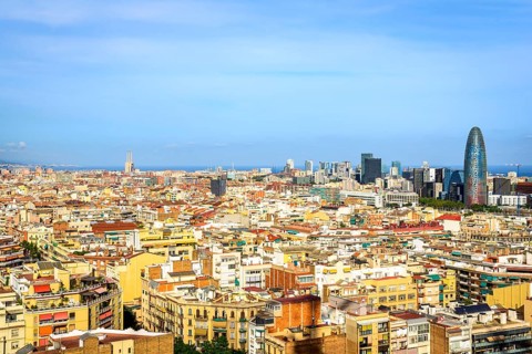 City view with houses and Torre Agbar by architect Jean Nouvel
