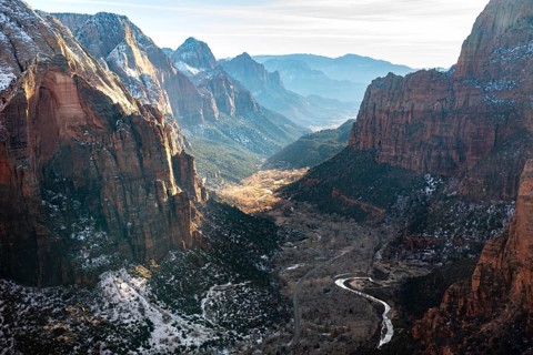 View from Angels Landing into Zion Canyon with Virgin River