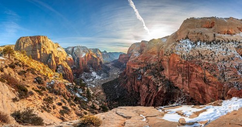 View from Angels Landing into Zion Canyon with Virgin River