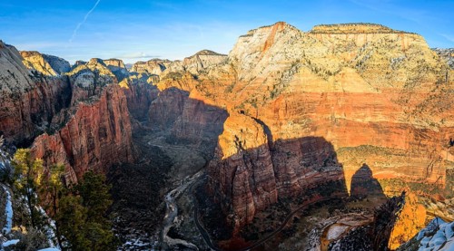 View from Angels Landing towards Zion Narrows on Virgin River