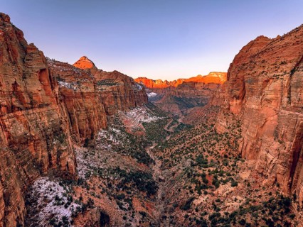 View from Canyon Overlook into Zion Canyon with snow