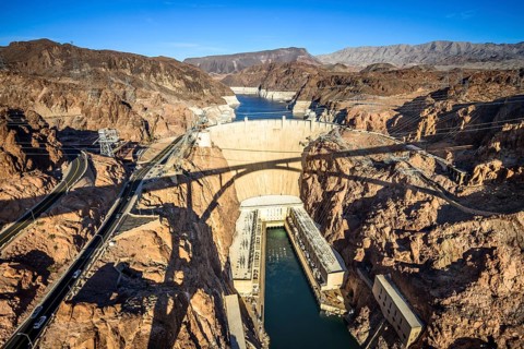 View from the Hoover Dam Bypass Bridge to the dam wall of the Hoover Dam