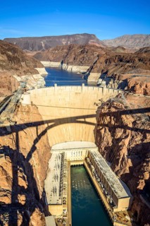 View from the Hoover Dam Bypass Bridge to the dam wall of the Hoover Dam