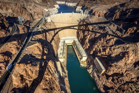 View from the Hoover Dam Bypass Bridge to the dam wall of the Hoover Dam