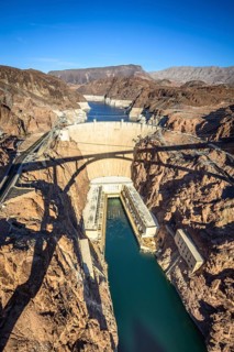 View from the Hoover Dam Bypass Bridge to the dam wall of the Hoover Dam