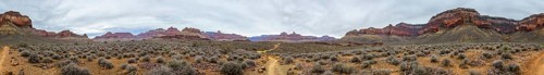 360-degree panorama from Plateau Point Trail in the gorge of the Grand Canyon to South Rim and North Rim