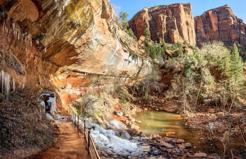 Iced Hiking Emerald Pools Trail in Winter