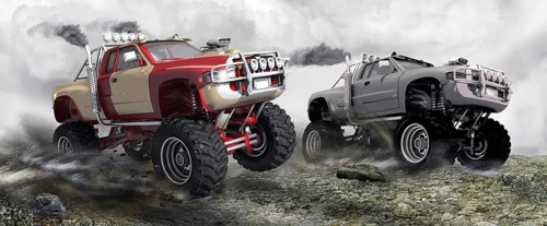 Two monster trucks in a race on rocky terrain