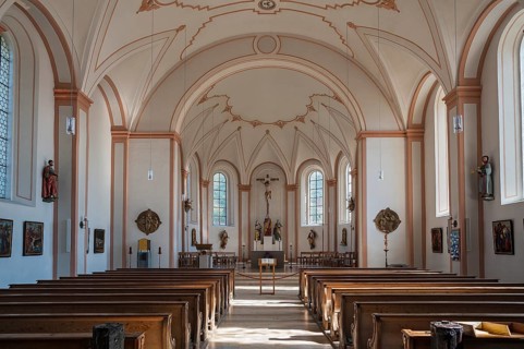 Interior and sanctuary of Parish Church of Mary's Assumption in Miesbach
