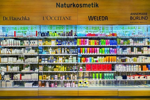Shelves with natural cosmetics in a department store