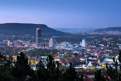Cityscape with JenTower and Friedrich Schiller University at dawn