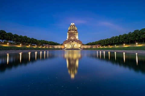 Illuminated Monument to the Battle of the Nations at dusk