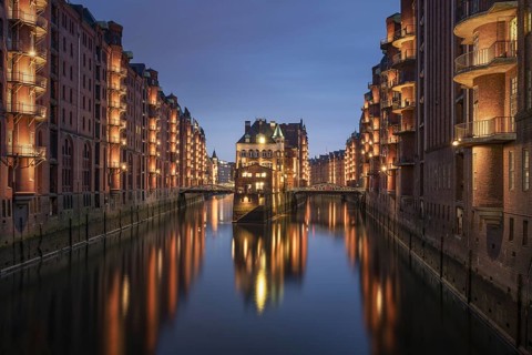 Illuminated Wasserschloss in the Hamburg Speicherstadt at night