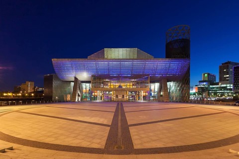Lowry Theatre illuminated at night