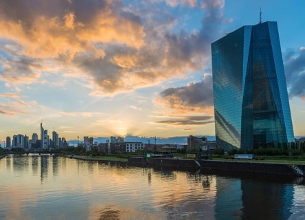 European Central Bank in the evening light with skyline