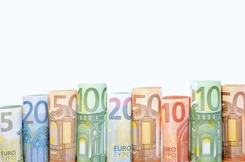 Rolls of various euro banknotes