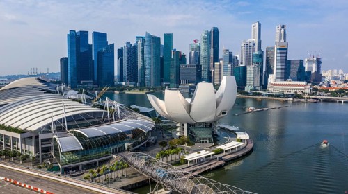 Artscience Museum with skyline at Marina Bay Sands