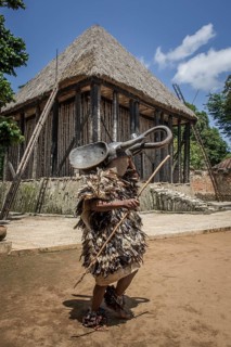 Dancer in traditional clothing wearing carved elephant mask