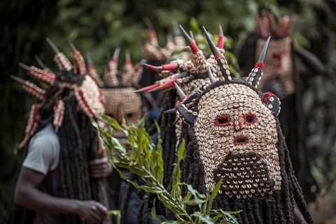 Men of the ethnic group of the Bamileke with traditional masks
