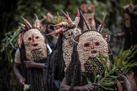 Men of the ethnic group of the Bamileke with traditional masks