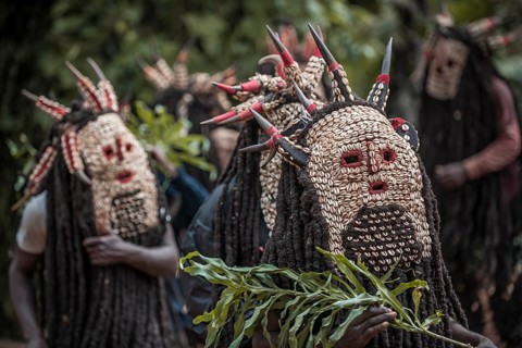 Men of the ethnic group of the Bamileke with traditional masks