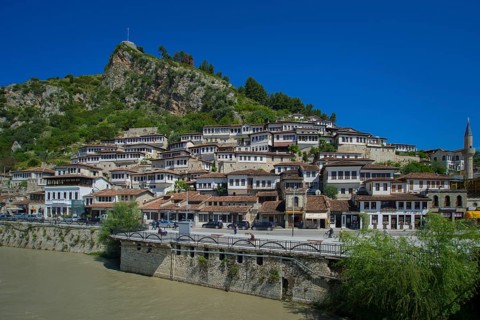 View over the river Osum to historical houses in the district Mangalem