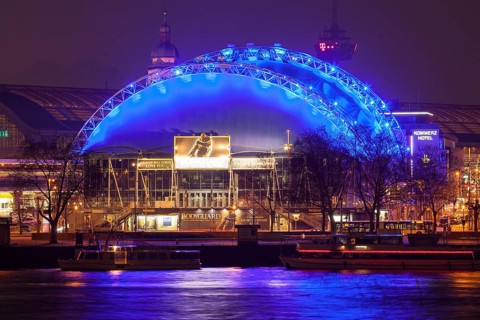 Lit Musical Dome by the Rhine at night