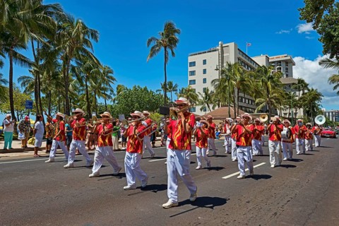 Royal Hawaiian Band playing instruments