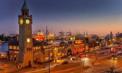 Clock tower and gauge tower at dusk