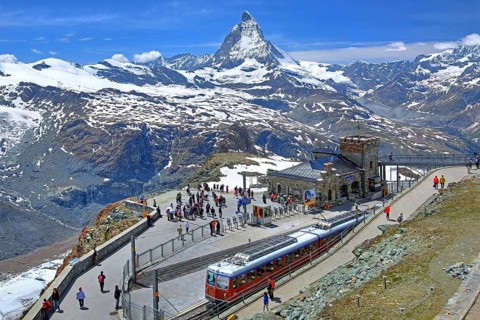 Mountain station of the Gornergratbahn 3089m with Matterhorn 4478m