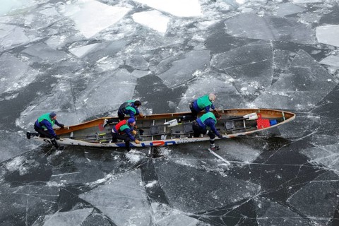 Canoe race challenge over the frozen Saint Lawrence River