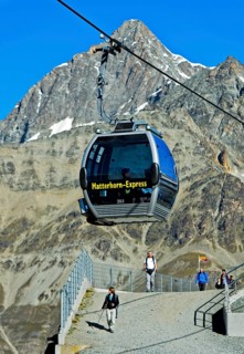 Gondola cable car of the Matterhorn Express at the station Schwarzsee