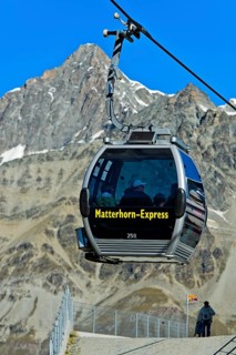 Gondola cable car of the Matterhorn Express at the station Schwarzsee