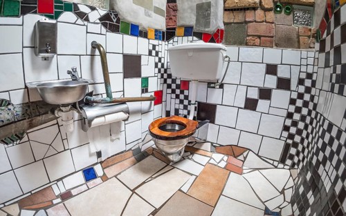 Ladies toilet with ceramic tiles in the public toilet of the artist and architect Friedensreich Hundertwasser