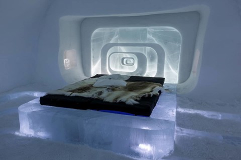 Bed with reindeer skins