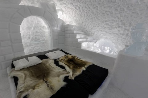 Bed with reindeer skins