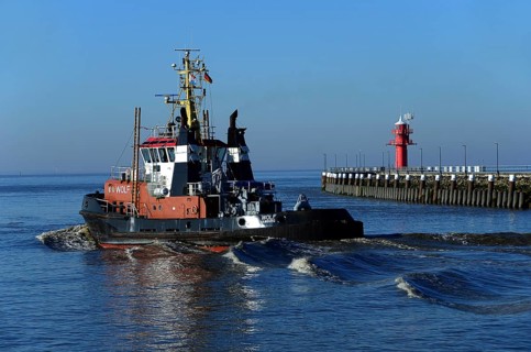 Tugboat on the Kiel Canal towards the North Sea
