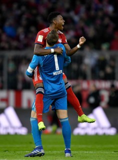 Goal celebration David Alaba FC Bayern Munich and goalkeeper Manuel Neuer FC Bayern Munich