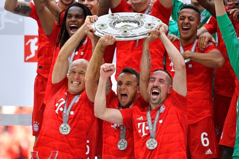 From the left: Arjen Robben FC Bayern Munich Rafinha FC Bayern Munich Franck Ribery FC Bayern Munich