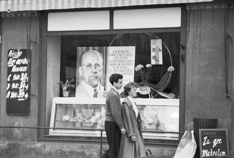 Walter Ulbricht in the shop window of a grocery store