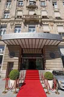 Hotel entrance with red carpet