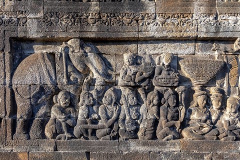Stone relief at Borobudur temple complex