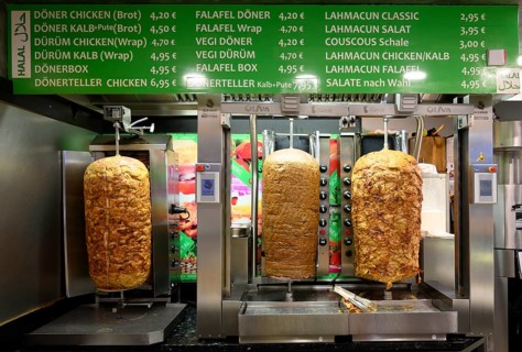 Kebab skewers with meat at the kebab stand