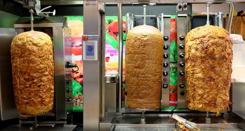 Kebab skewers with meat at the kebab stand