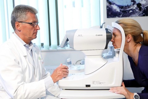 Patient during eye examination by an ophthalmologist