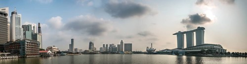 Marina Bay Sands Hotel and the financial district with skyscrapers and Esplanade Theatre