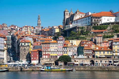 Historic old town Ribeira with church tower of the church Igreja dos Clerigos and Da Se Cathedral